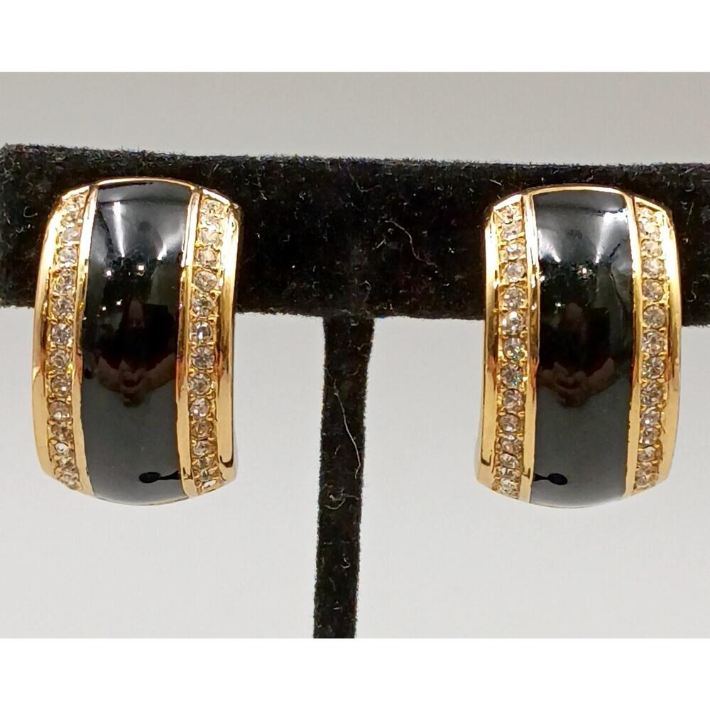 Christian Dior Black Enamel and Rhinestone Vintage Clip-on Earrings Women's
